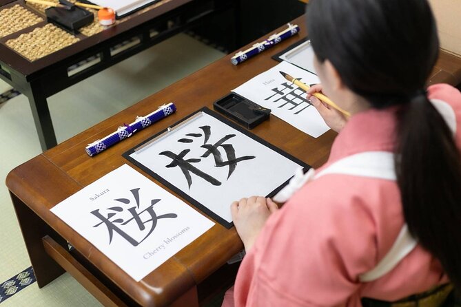 Learning Zen of Japanese Calligraphy in kimono near Osaka Castle - Pick Your Kanji Name: Meanings, Stroke Order, and Wooden Tags