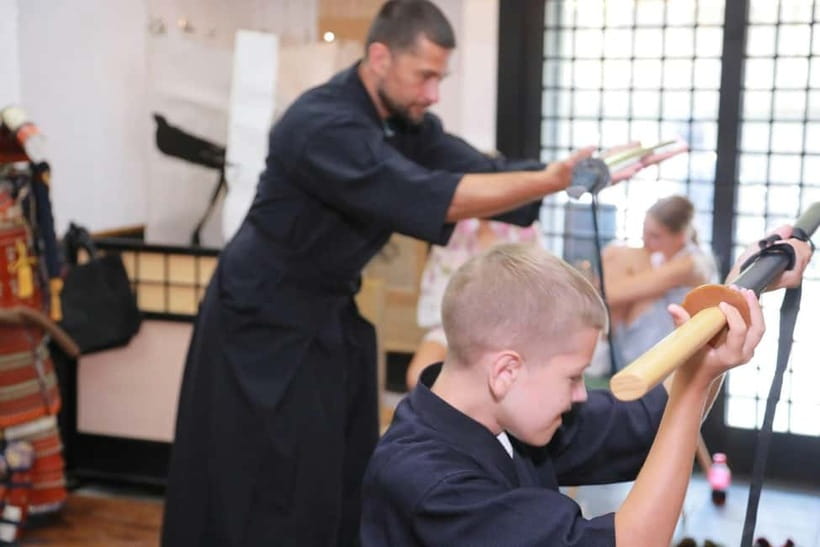 Osaka: Learn Bushido - Trial Slashing with Samurai Sword - The cutting practice: rolled straw and tatami mats that look like bamboo